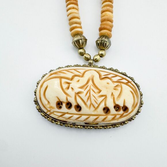 Carved Elephant Pendant Necklace Tribal Ethnic Organic Bead Brass Tone Statement - Picture 2 of 11